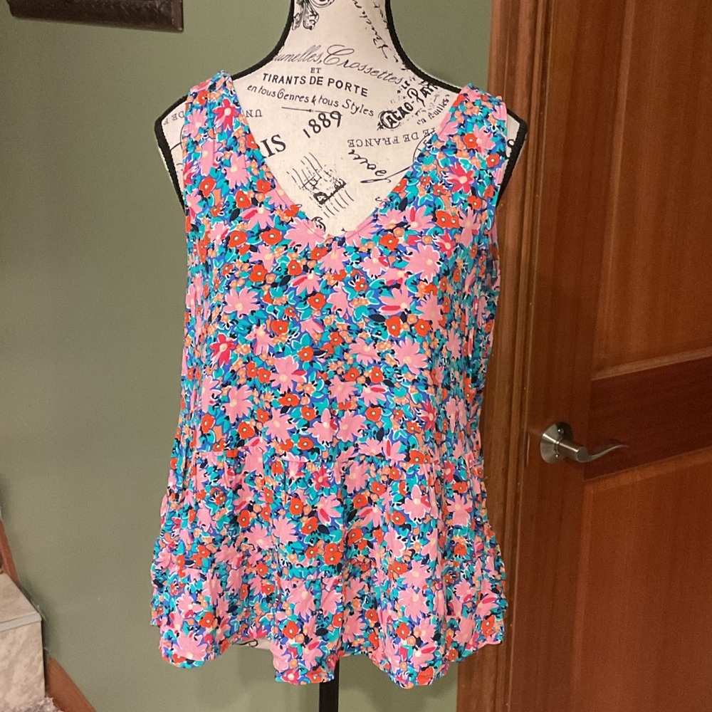 LOFT Vibrant Floral Sleeveless Blouse - Pink and Blue
